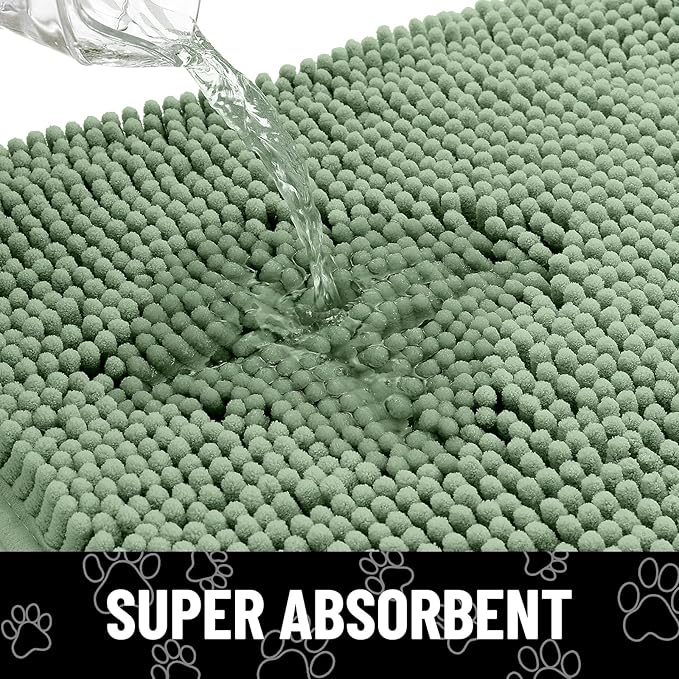Smiry Dog Door Mat for Muddy Paws, Absorbent Dirt Trapper Non Slip Quick Dry Washable Chenille Mat for Mud Dogs, Entry Rug for Indoor and Outdoor (40x32 Inches, Olive Green and Black)