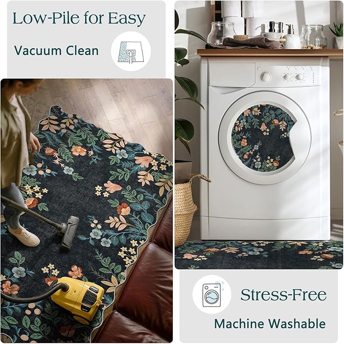 Black Floral Entry Rug - 3x5 Ft Washable Indoor Outdoor Mats for Front Door Porch Rug Non-Slip Spring Door Mat Boho Throw Rugs for Living Room Bedroom Entryway Kitchen Office Porch Decor