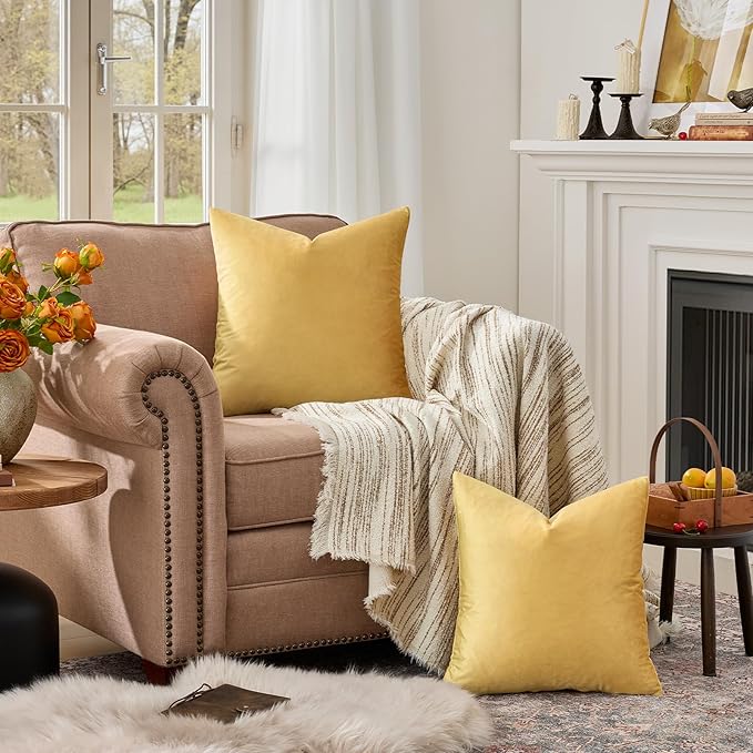 GIGIZAZA Decorative Couch Throw Pillow Covers,Set of 2 Yellow Square Pillow Cushion Covers 26x26,Pillow Cases Velvet Pillow Covers