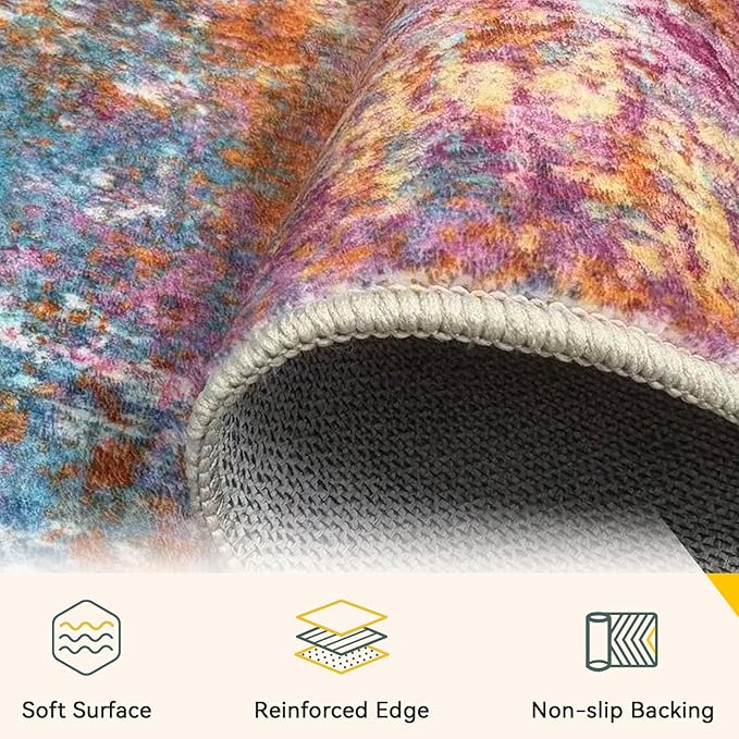 Washable Area Rugs 2'x8' Non-Slip Modern Abstract Soft for Living Room Entryway Bedroom Nursery, Print Pattern, Orange Blue Pink Yellow Colorful