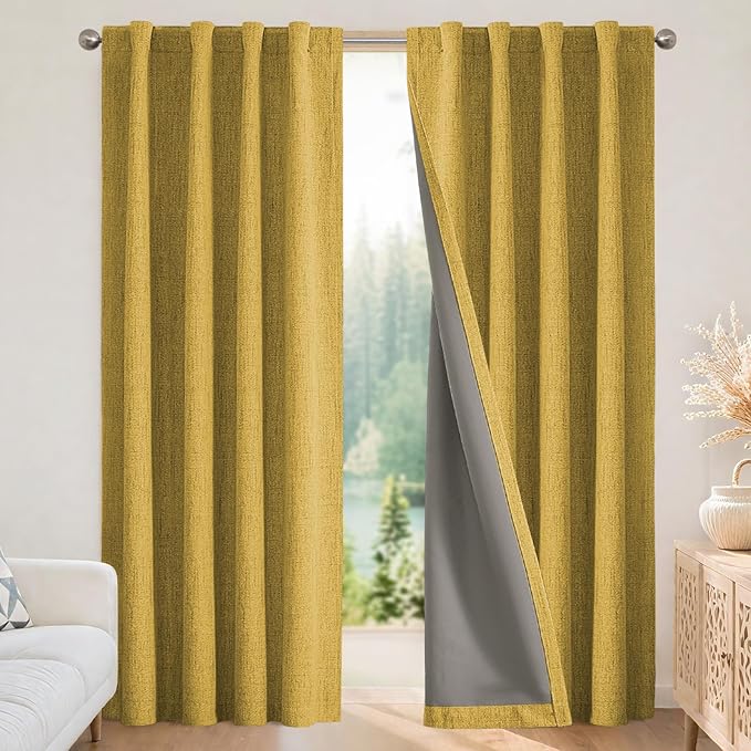 Joydeco Linen Blackout Curtains for Bedroom - 100% Light Blocking 1 Panels, Yellow Drapes 70" W x 90" L, Thermal Insulated Room Darkening Curtains for Living Room, Rod Pocket & Back Tabs