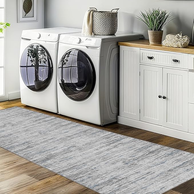 2x10 Runner Rug Non-Slip，Modern Abstract 10ft Washable Runner Rugs for Hallways, Ultra-Thin Long Kitchen Rug Runners,Stain Resistant Floor Carpet for Bedroom,Laundry Room,Entryway（Blue/Grey,2'x10'）