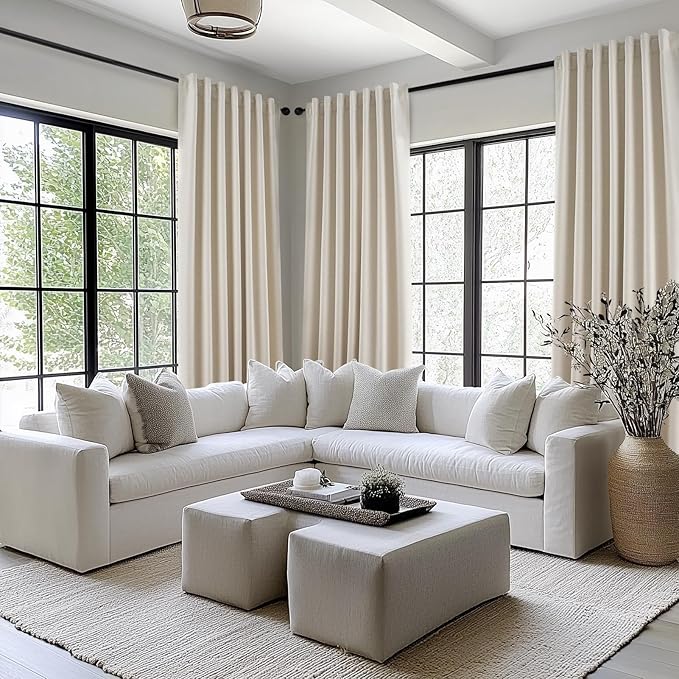 Topfinel Beige Linen Blackout Curtains 84 Inch Long, Modern Black Out Curtains for Bedroom Windows Treatments, Cream Heat & Cold Blocking Back Tab Pleated Drapes for Living Room 2 Panels Cottage 7 FT