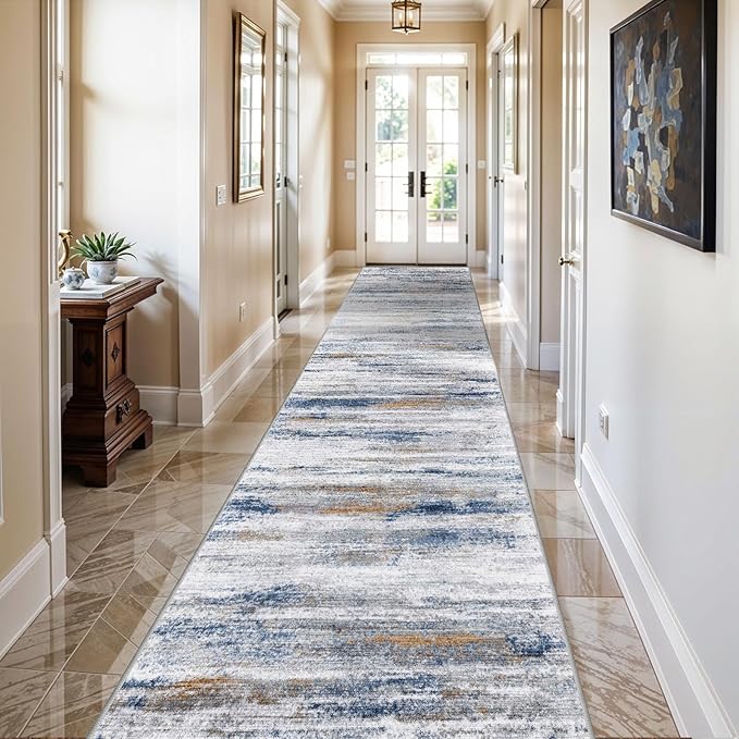 3x15 Washable Runner Rug for Hallway: Extra Long Runners for Entryway Living Room Dining Room - Stain and Water Resistant Rugs with Non-Slip Backing - Soft Low-Pile Carpet Navy Grey