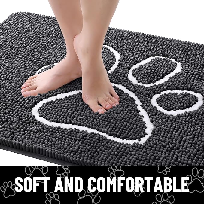 Smiry Dog Door Mat for Muddy Paws, Absorbent Dirt Trapper Non Slip Quick Dry Washable Chenille Mat for Mud Dogs, Entry Rug for Indoor and Outdoor (59x20 Inches, Dark Grey and White)