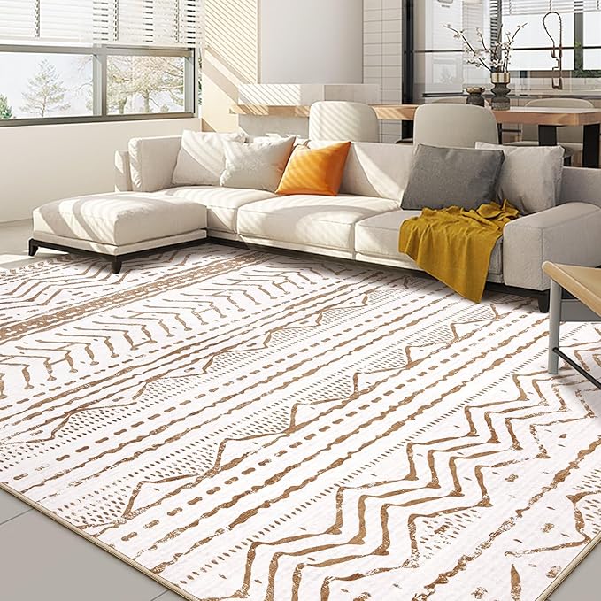 Nakagishi Area Rugs 8x10 Living Room: Washable Boho Large Neutral Soft Farmhouse Rug Stain Resistant Modern Geometric Indoor Floor Carpet for Bedroom Nursery Playroom Office Dining Room- Brown White