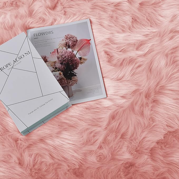 Goolela Pink Area Rug 8x10 Fluffy Fuzzy Furry Rug for Girls Bedroom Faux Sheepskin Fur Soft Plush Shaggy Rectangle