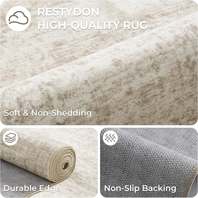 4x8 Rug for Bedroom,Wide Runner Rug for Hallway, Non Slip Washable Runner Rug for Living Room, Low Pile Soft Entryway Kitchen Rug, Modern Home Decor Mat for Dining Room(4'x8', Beige/Ivory)