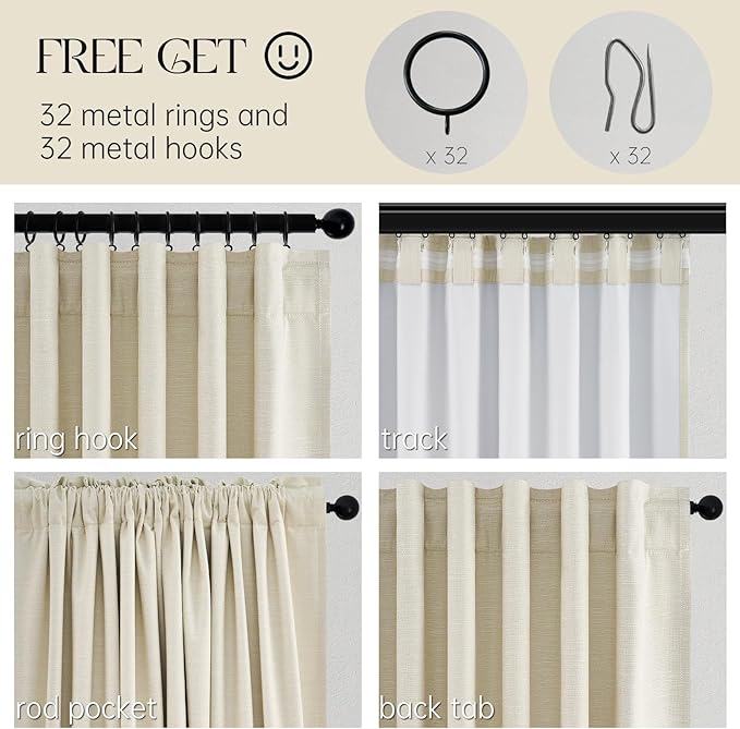Topfinel Cream Black Out Curtains 96 Inch Long, 100% Blackout Thermal Insulated Natural Linen Pinch Pleat Viral Drapes with Hooks 2 Panel Sets, Burlap 8FT Back Tab Curtains for Living Room Bedroom