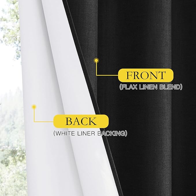 NICETOWN Black Out Linen Curtains, Complete Blackout Shades for Large Window Door, 100% Blackout Window Curtain Panels with White Lined, 52 inches Width Each Panel, 95 inches Length, 2 Pieces