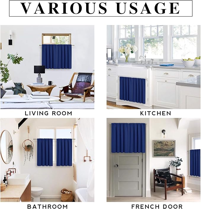 RYB HOME Short Blackout Curtains for Small Window, Sunmmer Heat Light Blocking Privacy Protection Curtains for Sunroom Laundry Room Stair Window, Width 52 by Length 36, Marine Blue, Set of 2