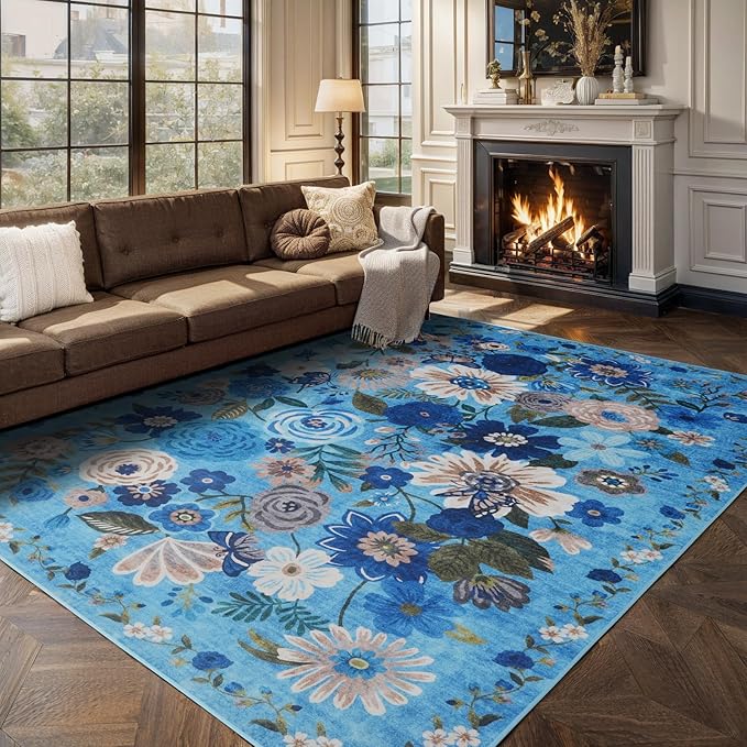 Living Room Rugs, Area Rugs 5x7 Rug for Bedroom Ultra-Thin Soft, Non-Slip Washable Rugs Stain Resistant Boho Rug Low-Pile Throw Rug for ‎Dining Room Office (5 x 7, Blue Garden)