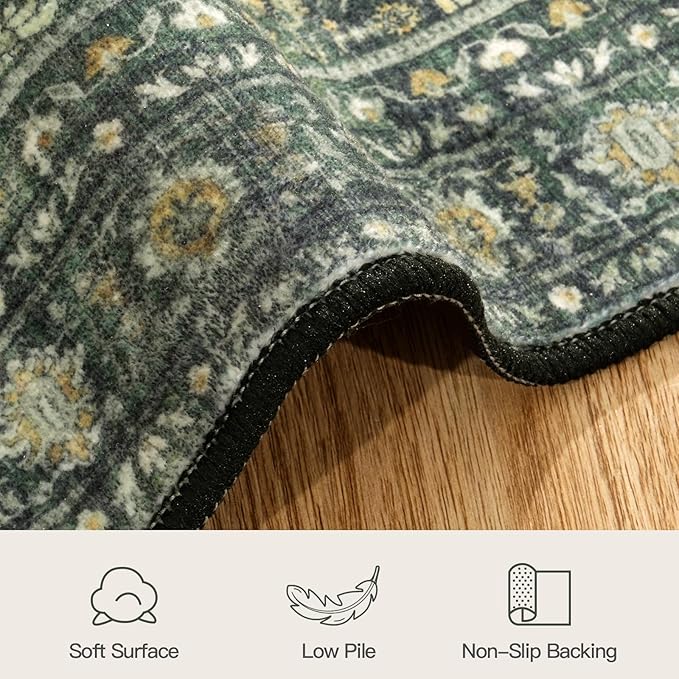 Lofus 2X 6 Area Rug, Green Washable Runner Rugs for Hallways with Non Slip Rubber Backing, Low Pile Soft Carpet Runner for Kitchen Bathroom Bedroom Laundry