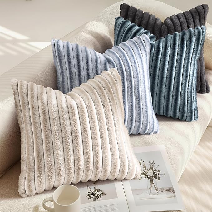 decorUhome Cozy Faux Fur Throw Pillow Covers 22x22 Set of 2 Decorative Soft Plush Striped Modern Farmhouse Boho Couch Euro Sham Pillow Cases with Velvet Back for Sofa Bed Living Roomr, Blue Grey
