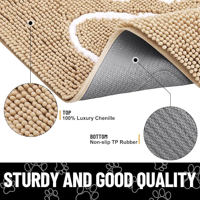 Smiry Dog Door Mat for Muddy Paws, Absorbent Dirt Trapper Non Slip Quick Dry Washable Chenille Mat for Mud Dogs, Entry Rug for Indoor and Outdoor (70x24 Inches, Beige and White)