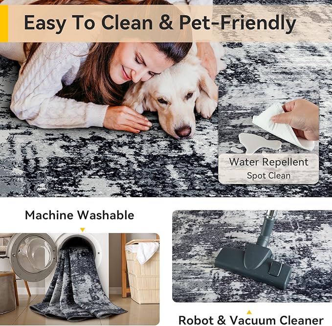 Washable Area Rugs 2'x6' Non-Slip Modern Abstract Soft for Living Room Entryway Bedroom Nursery, Print Pattern, Black Navy Blue Gray
