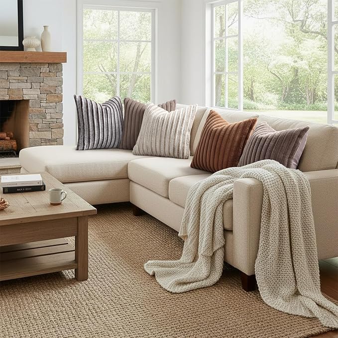 decorUhome Cozy Faux Fur Throw Pillow Covers 12x20 Set of 2 Decorative Soft Plush Striped Lumbar Modern Farmhouse Boho Couch Pillow Cases with Velvet Back for Sofa Bed Living Room, Brown White