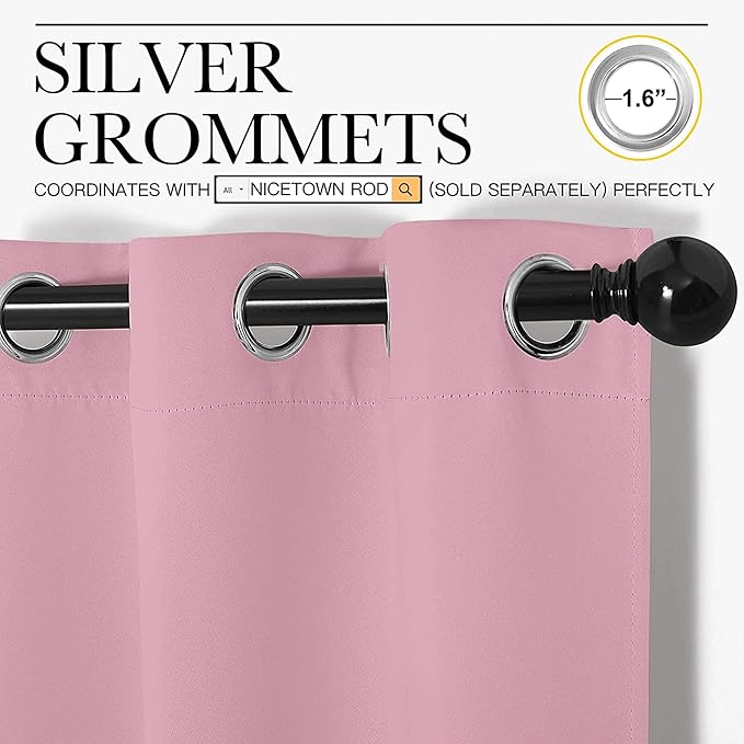 NICETOWN Crystal Pink Room Darkening Curtains for Kitchen, Window Treatment Thermal Insulated Solid Grommet Room Darkening Curtains/Drapes for Bedroom (Set of 2, 42 inches Wide by 48 inches Long)