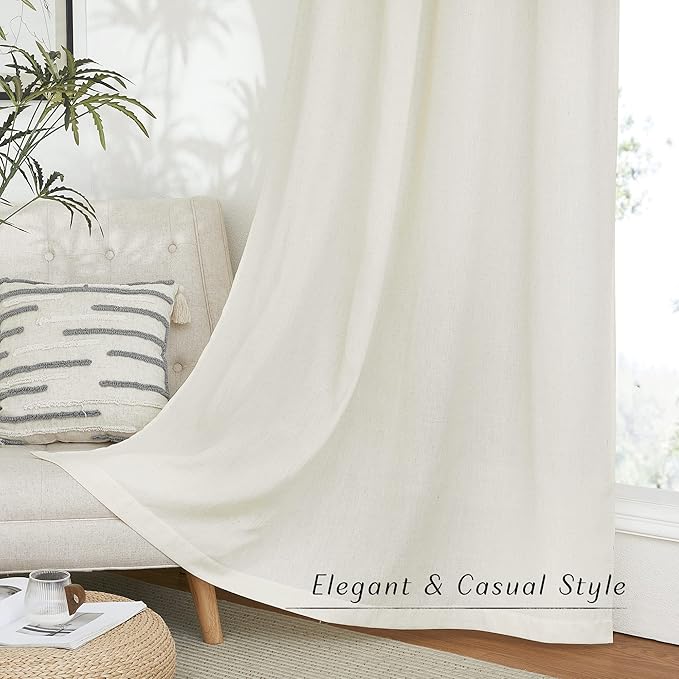 NICETOWN Thick Linen Curtains Extra Long 120 inch Length, Rustic Grommet Privacy Added Vertical Flax Semi Sheer Panels for Farmhouse/Living Room, Off White, W55 x L120, 2 Panels