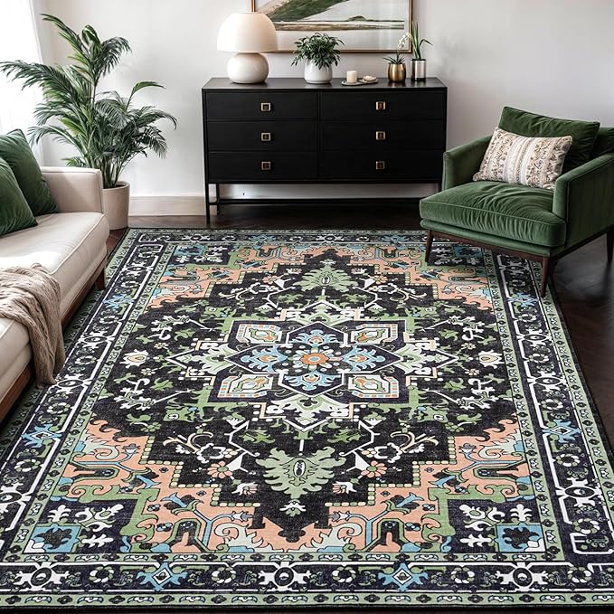 5x7 Area Rugs, Vintage Washable Area Rug for Living Room, Floral Boho Area Rugs for Bedroom, Office, Non-Slip Colorful Rug, Traditional Vintage Style, Plush Low-Pile Soft Carpet, Dark Green