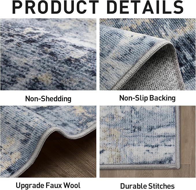 8x10 Area Rugs Washable Rug: Large Modern Abstract Living Room Rug Soft Anti-Skid Thin Carpet Indoor Floor Non-Shedding Carpets for Bedroom Dining Room Farmhouse Nursery Home Office Blue Gold