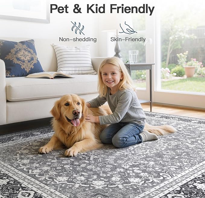 Lofus 8x10 Area Rugs for Living Room, Machine Washable Non-Slip Area Rug, Low Pile Large Rugs for Bedroom, Kitchen, Dining Room, Home Office, Vintage Oriental Print Rug, Light Grey with White