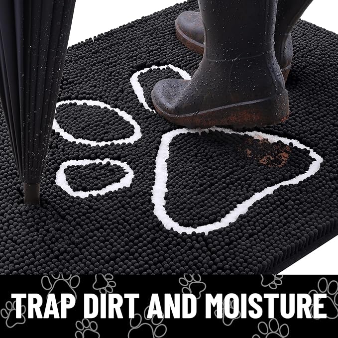 Smiry Dog Door Mat for Muddy Paws, Absorbent Dirt Trapper Non Slip Quick Dry Washable Chenille Mat for Mud Dogs, Entry Rug for Indoor and Outdoor (54x32 Inches, Black and White)