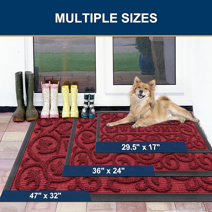Smiry Welcome Door Mat Outside Entrance, Heavy Duty Trap Dirt and Moisture Easy Clean Low Profile Patio Porch Indoor Outdoor Front Doormat for Entry, 35x23 Inch, Burgundy