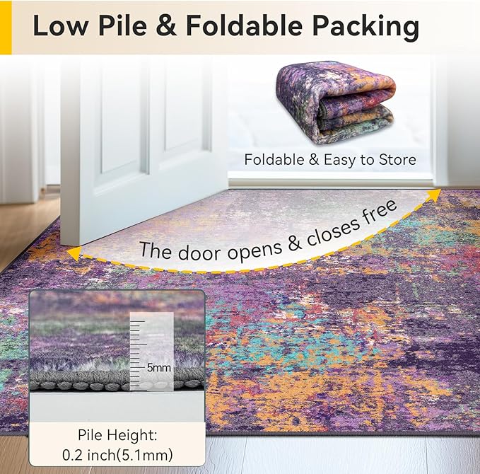 Washable Area Rugs 2'x10' Non-Slip Modern Abstract Soft for Living Room Entryway Bedroom Nursery, Print Pattern, Purple Orange Blue Green Rust Red Colorful