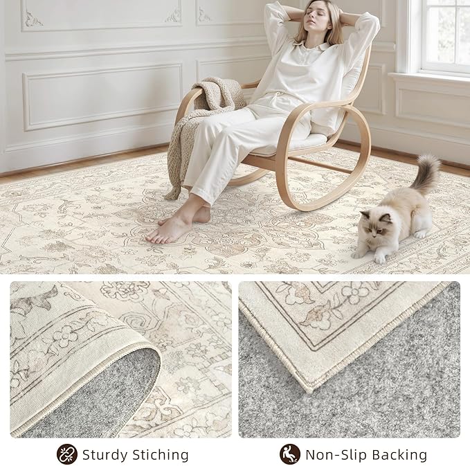 6x9 Area Rugs for Living Room: Vintage Boho Neutral Washable Rug Indoor Soft Large Area Rug Carpet for Bedroom Nursery Farmhouse Dining Room Office Floor Non-Slip Low Pile Under Table Rug Beige White
