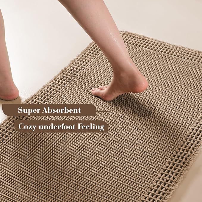 RESARE Waffle Bathroom Runner Rugs, Super Absorbent Bath Mat Non Slip Washable Quick Dry, Upgraded Ultra Soft Boho Bath Rugs with Tassels for Hallway Bedroom Laundry Room, 2'x5'(24"x60"), Brown
