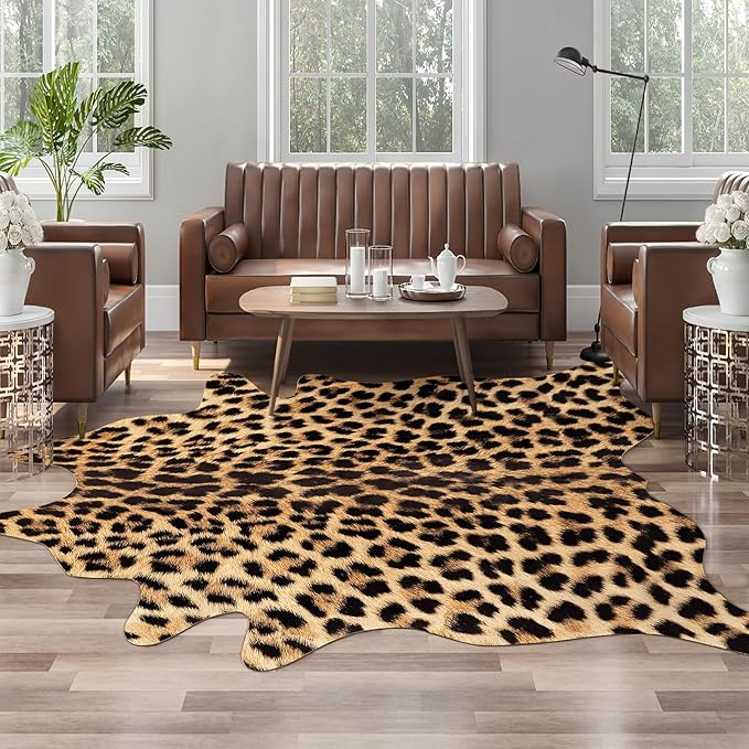 AROGAN Premium Leopard Print Rug 6.2x7 Feet, Machine Washable Faux Fur Cheetah Rug, Non-Slip Animal Print Hide Leopard Skin Area Rug for Bedroom Living Room Home Decor