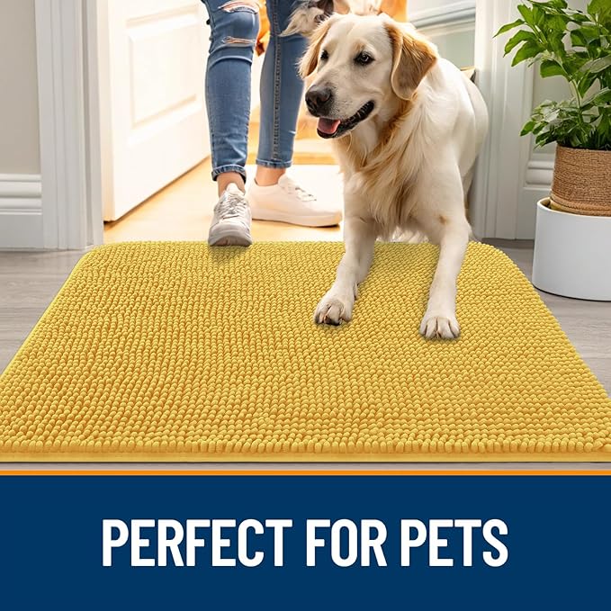OLANLY Dog Door Mat for Muddy Paws 35x24, Absorbs Moisture and Dirt, Absorbent Non-Slip Washable Doormat, Quick Dry Chenille Mud Mat for Dogs, Entry Indoor Entryway Carpet for Inside Floor, Yellow