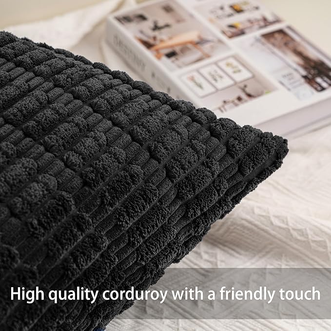 Pack of 2 Corduroy Decorative Throw Pillow Covers 24x24 InchSoft Striped Pillow Covers Modern Farmhouse Home Decor for Sofa Living Room Couch Bed（Black）