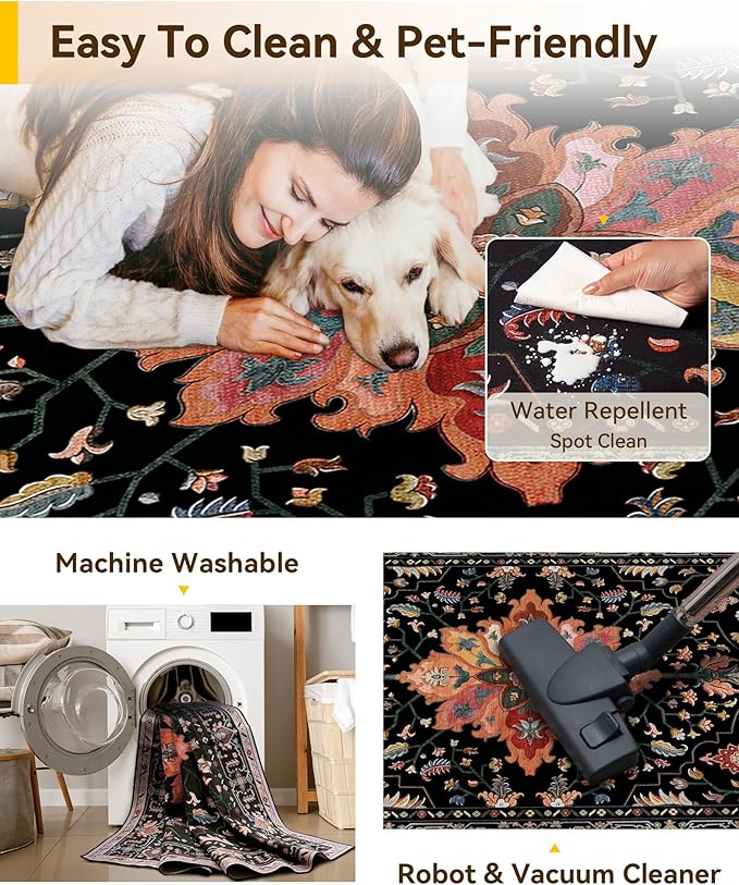 Area Rugs Square 4ft Washable Non-Slip, Floral Vintage Distress Print Pattern Medallion Carpet for Living Room Bedroom Dining Room, Black Colorful Floral Dark Tan