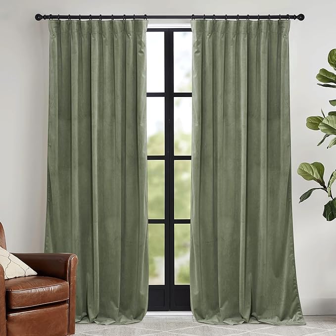 RYB HOME Sage Green Velvet Curtains with Hook Tape, Thermal Insulated Privacy Protect Decorative Room Divider Drapes for Home Theater, W 62 x L 90 inches, 2 Panels Set