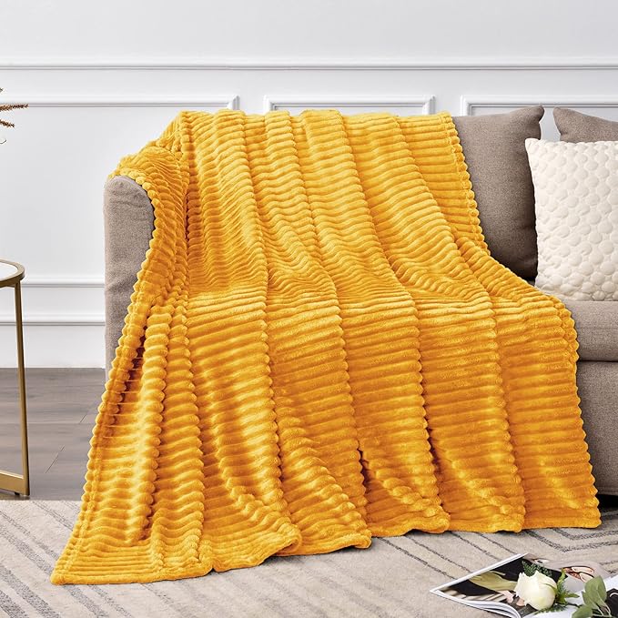 BEDELITE Fleece Blanket Twin Size – 3D Ribbed Jacquard Soft and Warm Decorative Fuzzy Blankets – Cozy, Fluffy, Plush Lightweight Throw Blankets for Couch, Bed, Sofa(Mustard Yellow, 60x80 inches)