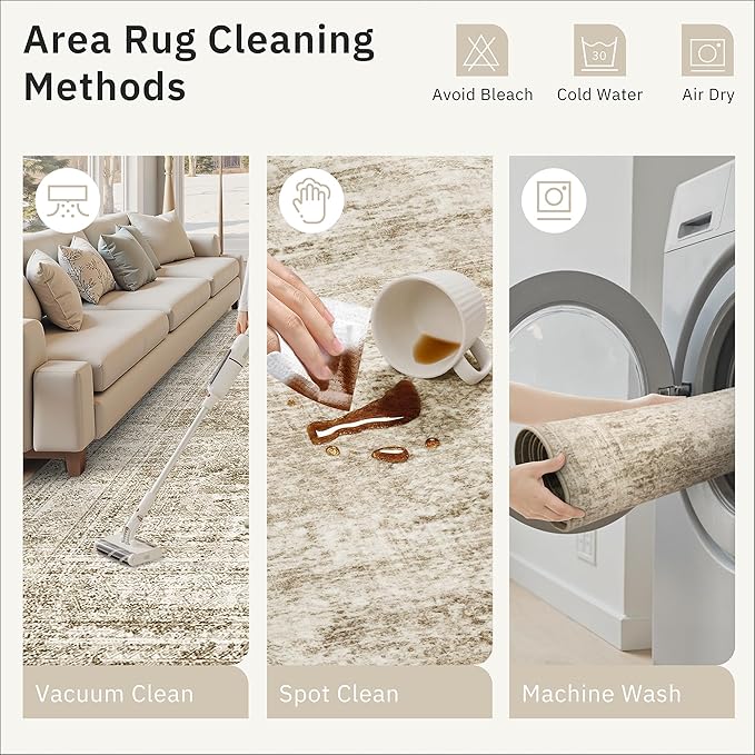 5x7 Area Rugs Brown Low Pile Indoor Washable Trendy Faded Style Rugs for Bedroom Living Room Dining Room Foldable Non-Slip Thin Print Mat