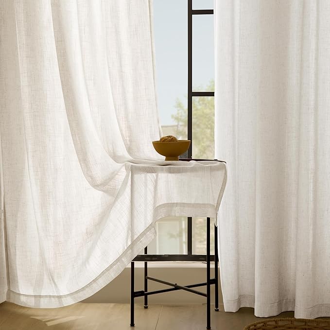 Extra Long 120 inch Curtains Linen Blend for Living Room Back Tab Neutral Rustic Farmhouse Light Filtering Semi Sheer Linen Drapes 120 inch Ceiling to Floor For Villa Hallway Ivory 38" Wx120" L