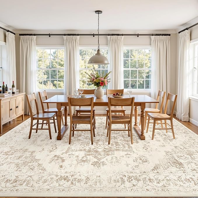 8x10 Area Rugs for Living Room: Vintage Boho Neutral Washable Rug Indoor Soft Large Area Rug Carpet for Bedroom Nursery Farmhouse Dining Room Office Floor Non-Slip Low Pile Under Table Rug Beige/Ivory