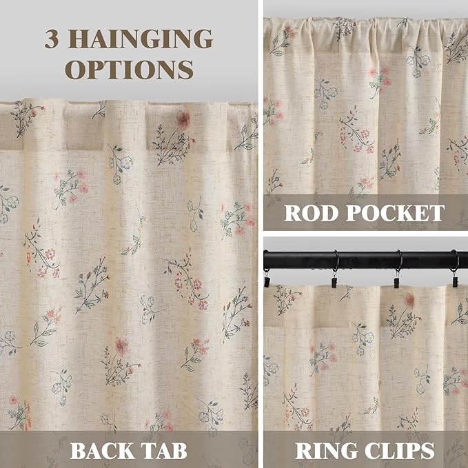 Boho Floral Spring Semi Sheer Curtains 84 Inch Length 2 Panels Set, Linen Texture Farmhouse Light Filtering Curtains Beige Tassel for Bedroom Living Room Vintage Rustic Patterned Printed Rod Pocket
