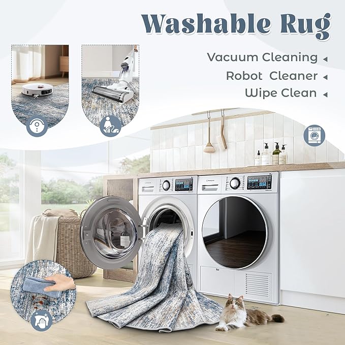 2x7 Runner Rug for Hallway, Washable Modern Abstract Runner Rugs Neutral Soft Non Slip Kids Rug Stain Resistant Indoor Runners for Entryway Bedroom Kitchen Laundry Room(BlueWhite, 2'x7')