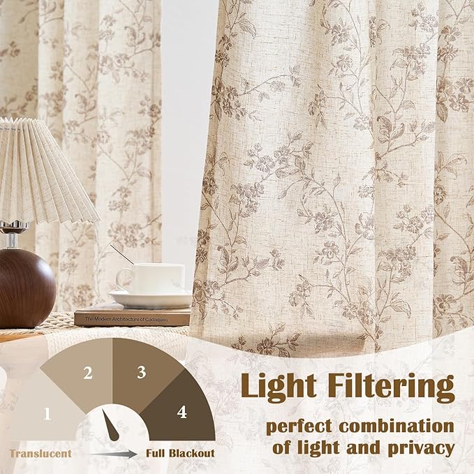 Lazzzy Taupe Floral Linen Curtains 84 Inch Farmhouse Curtain Back Tab Drapes for Living Room Bedroom Light Filtering Vintage Rod Pocket Curtains for Home, 2 Panels, Taupe on Beige