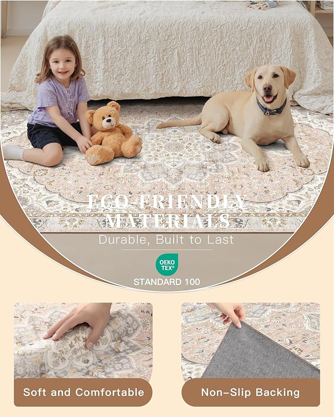 Madane Washable Area Rug 2x3, Small Entryway Rug Non-Slip Vintage Door Mat Indoor Entrance, Low Pile Floor Carpet for Inside Front Door Bedroom Kitchen Entry Laundry (2'x3', Pink/Gray)