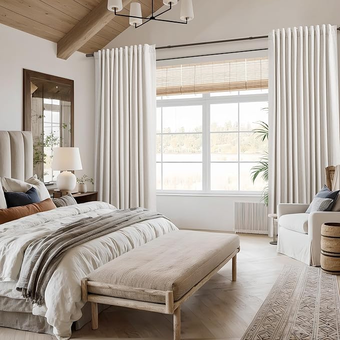 Beige White 100% Blackout Linen Curtains 120 Inch Length 2 Panels Set for Living Room Bedroom Back Tab Thermal Insulated Black Out Drapes Room Darkening Farmhouse Style for Bedroom Window Curtains