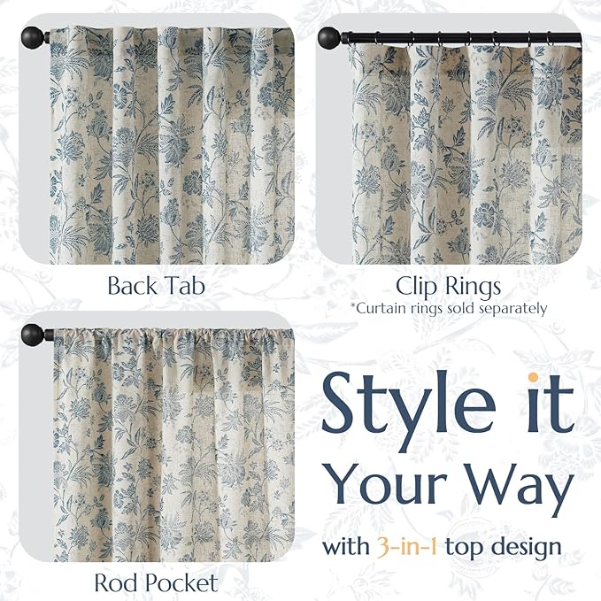 jinchan Linen Floral Curtains for Living Room with Printed Flower 108 Inches Long Light Filtering Extra Long Back Tab Rod Pocket Blue Window Curtain Set Farmhouse Drapes, 2 Panels Blue