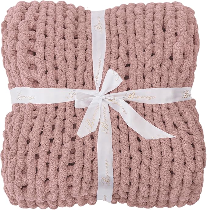 Bigacogo Chunky Knit Throw Blanket for Couch, 40x40 inches, 100% Hand Knitted with Thick Jumbo Chenille Yarn, Cozy Soft Large Rope Knot Cable Crochet Blankets for Sofa Bed Living Room, Dusty Pink