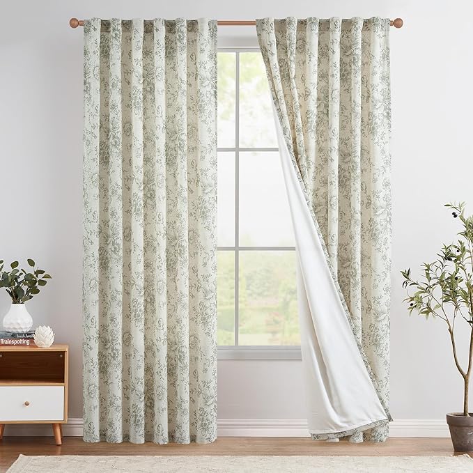 jinchan Linen Blend Floral Curtains for Living Room 84 Inch Length Farmhouse Printed Curtain Rod Pocket Back Tab Sage Green Peony Flower Patterned Drapes Bedroom Curtains Set 2 Panels