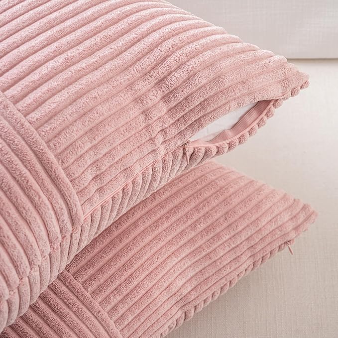 Fancy Homi 2 Packs Blush Pink Lumbar Decorative Throw Pillow Covers 16x26 Inch for Living Room Couch Bed, Rustic Farmhouse Boho Home Decor, Soft Striped Corduroy Rectangle Accent Cushion Case 65x40 cm
