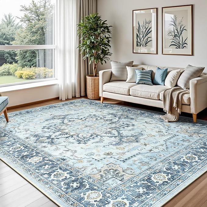 Lofus 5x7 Area Rugs for Living Room, Machine Washable Non-Slip Area Rug, Low Pile Large Rugs for Bedroom, Kitchen, Dining Room, Home Office, Vintage Oriental Print Rug, Blue Gold
